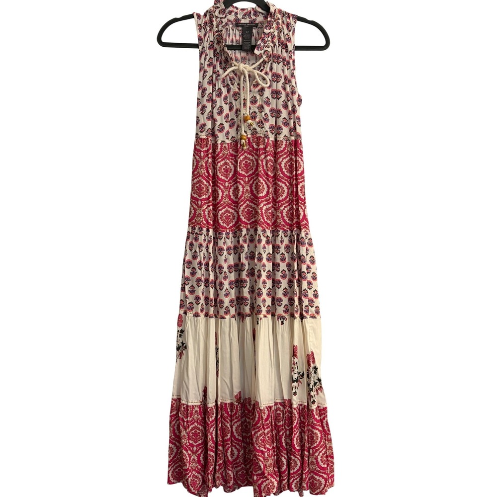 Cute Chelsea & Theodore Pink White Floral Tiered Full Maxi Dress Small Boho